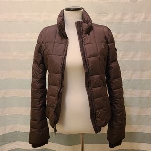 Brown down feather jacket with faux fur interior